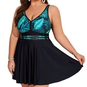 Plus Size Black Swim Dress Coverup with Teal Leaf Print